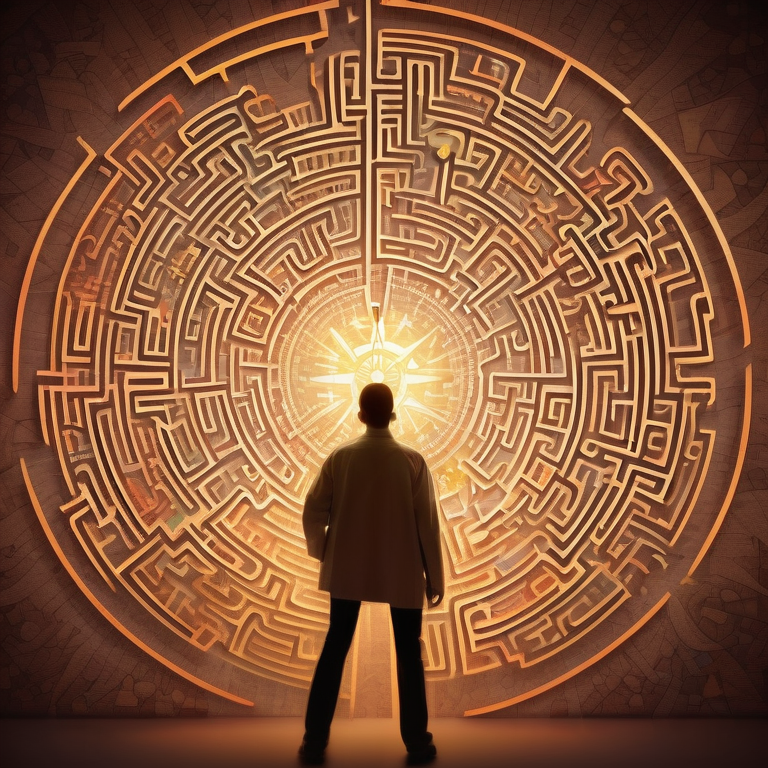 Digital illustration of a person with a compass standing in a puzzle piece maze representing the challenge of health insurance navigation.