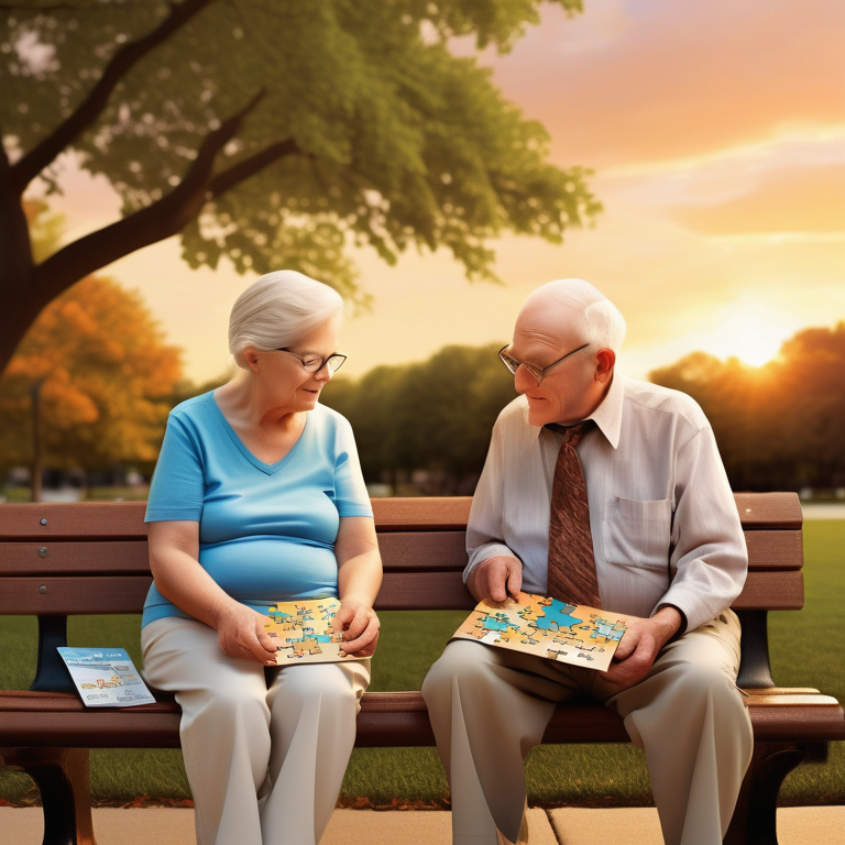 Elderly couple on a bench with Medicare Advantage and Medigap puzzle pieces, brochure on ground, sunset backdrop.